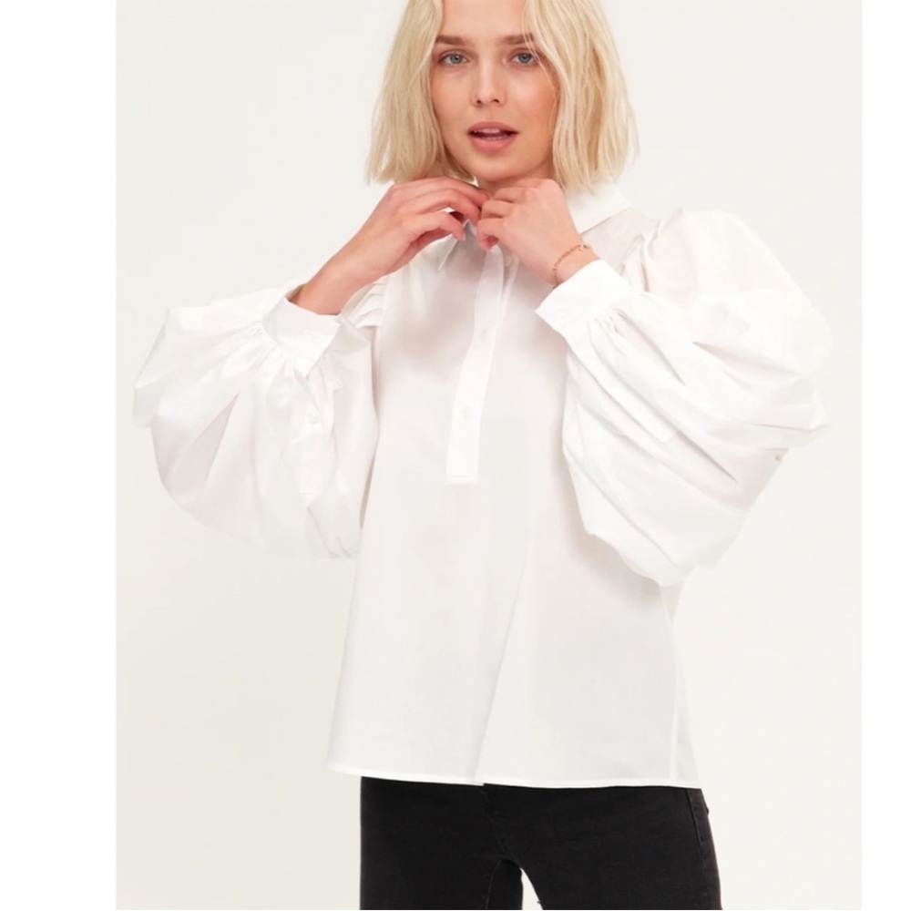 HARSHMAN Lois Popover Shirt Balloon Sleeve Button Down Crisp White 1X NEW